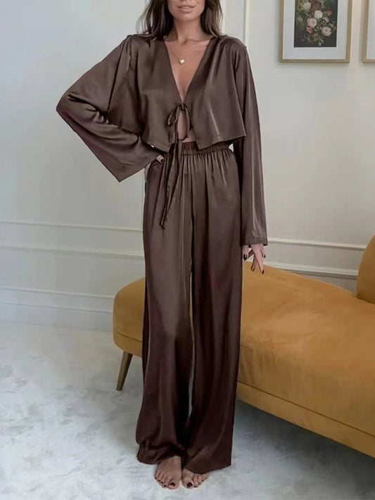 Tie-Front Crop Top and Pants Set Two Piece Pants Sets Coffee Brown / S The Nichole Collection