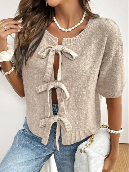 Tie Front Short Sleeve Cardigan Khaki / S The Nichole Collection