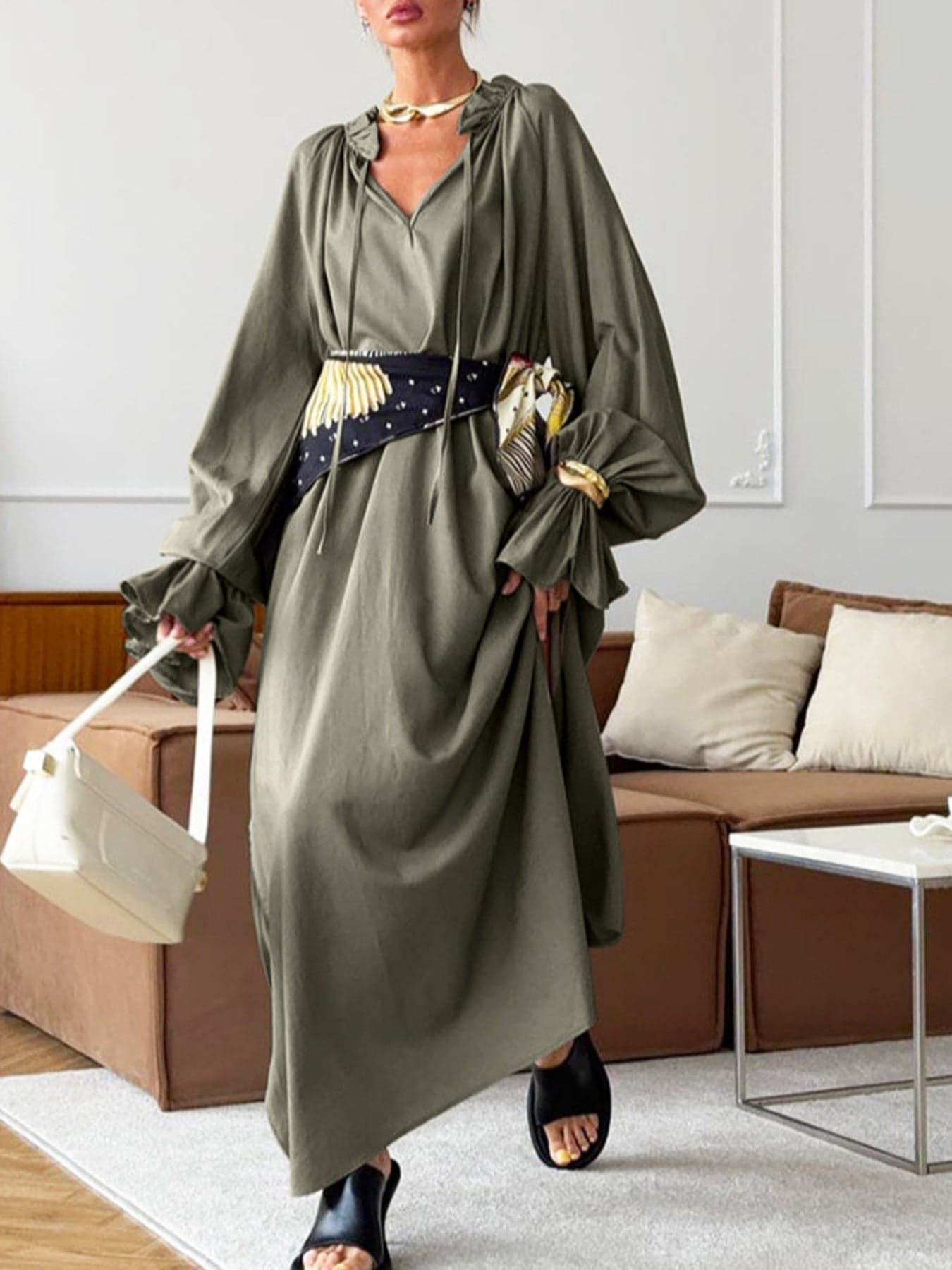 Tie Neck Flounce Sleeve Maxi Dress Army Green / S THE NICHOLE COLLECTION - Official Site