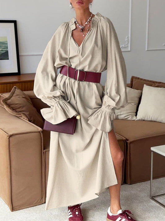 Tie Neck Flounce Sleeve Maxi Dress Beige / S THE NICHOLE COLLECTION - Official Site