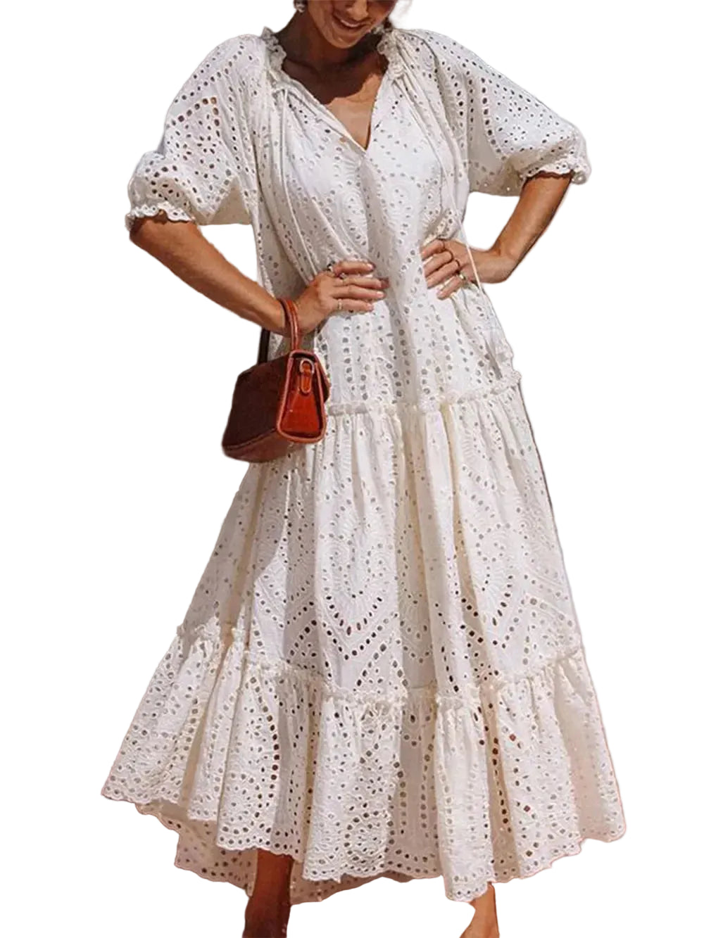 Tie Neck Half Sleeve Tiered Dress Ivory / S Maxi Dresses The Nichole Collection - Official Site
