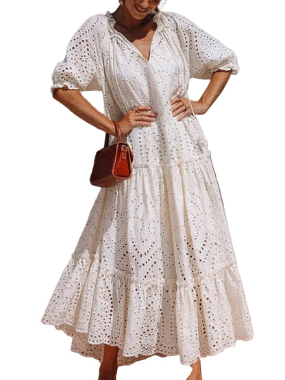 Tie Neck Half Sleeve Tiered Dress Ivory / S Maxi Dresses The Nichole Collection - Official Site