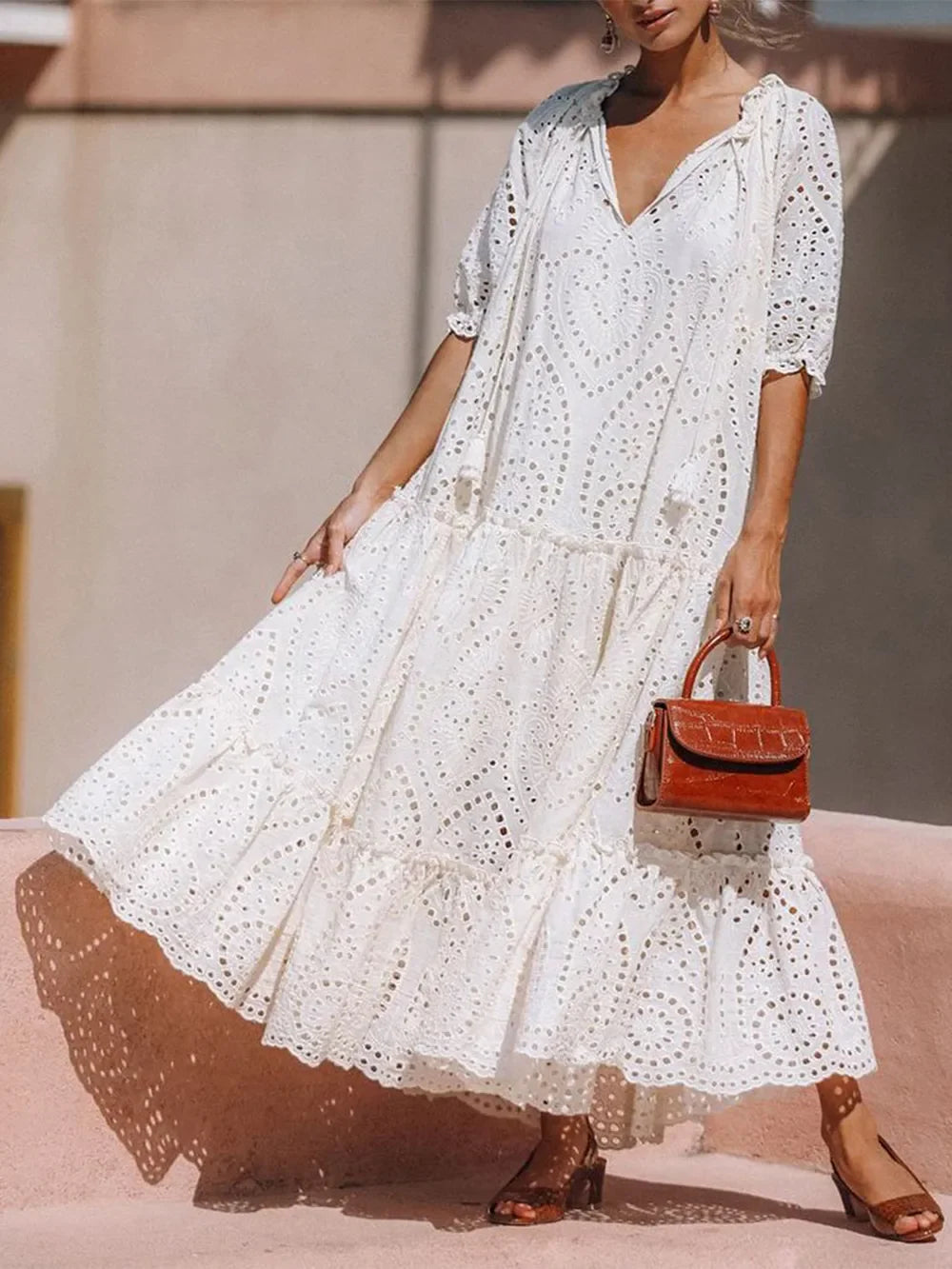 Tie Neck Half Sleeve Tiered Dress Maxi Dresses The Nichole Collection - Official Site