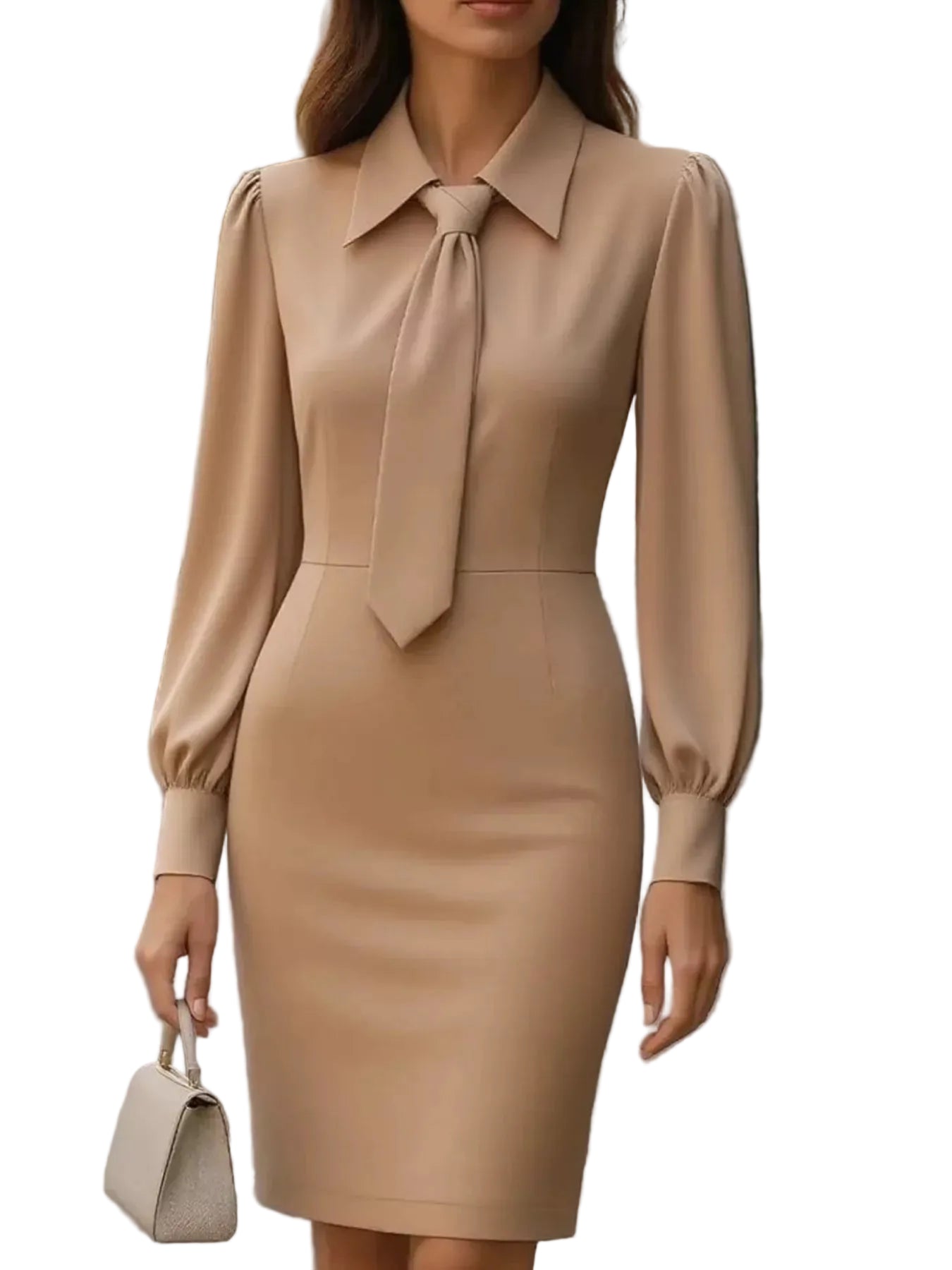 Tie-Neck Long Sleeve Dress Khaki / S THE NICHOLE COLLECTION - Official Site