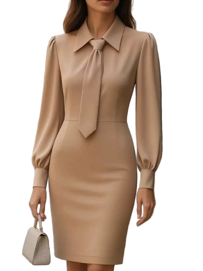 Tie-Neck Long Sleeve Dress Khaki / S THE NICHOLE COLLECTION - Official Site