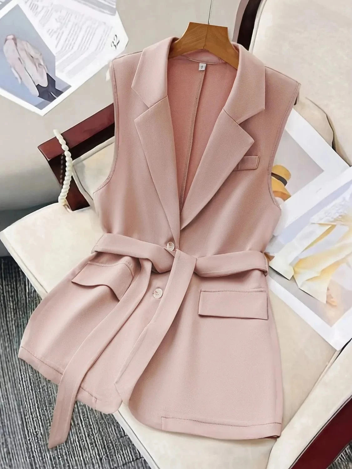 Tie Waist Lapel Collar Sleeveless Blazer Pale Blush / S The Nichole Collection