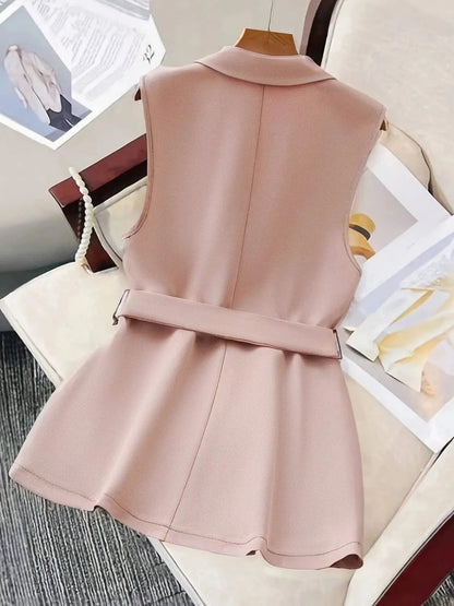 Tie Waist Lapel Collar Sleeveless Blazer The Nichole Collection