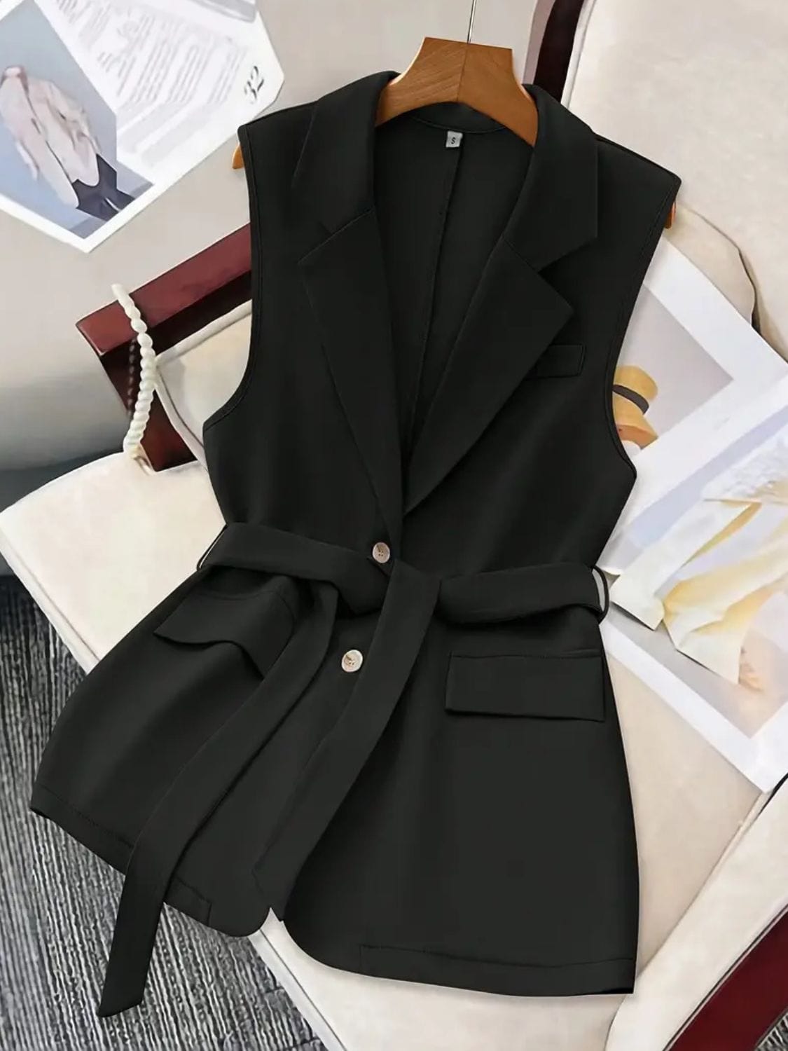 Tie Waist Lapel Collar Sleeveless Blazer Black / XL The Nichole Collection