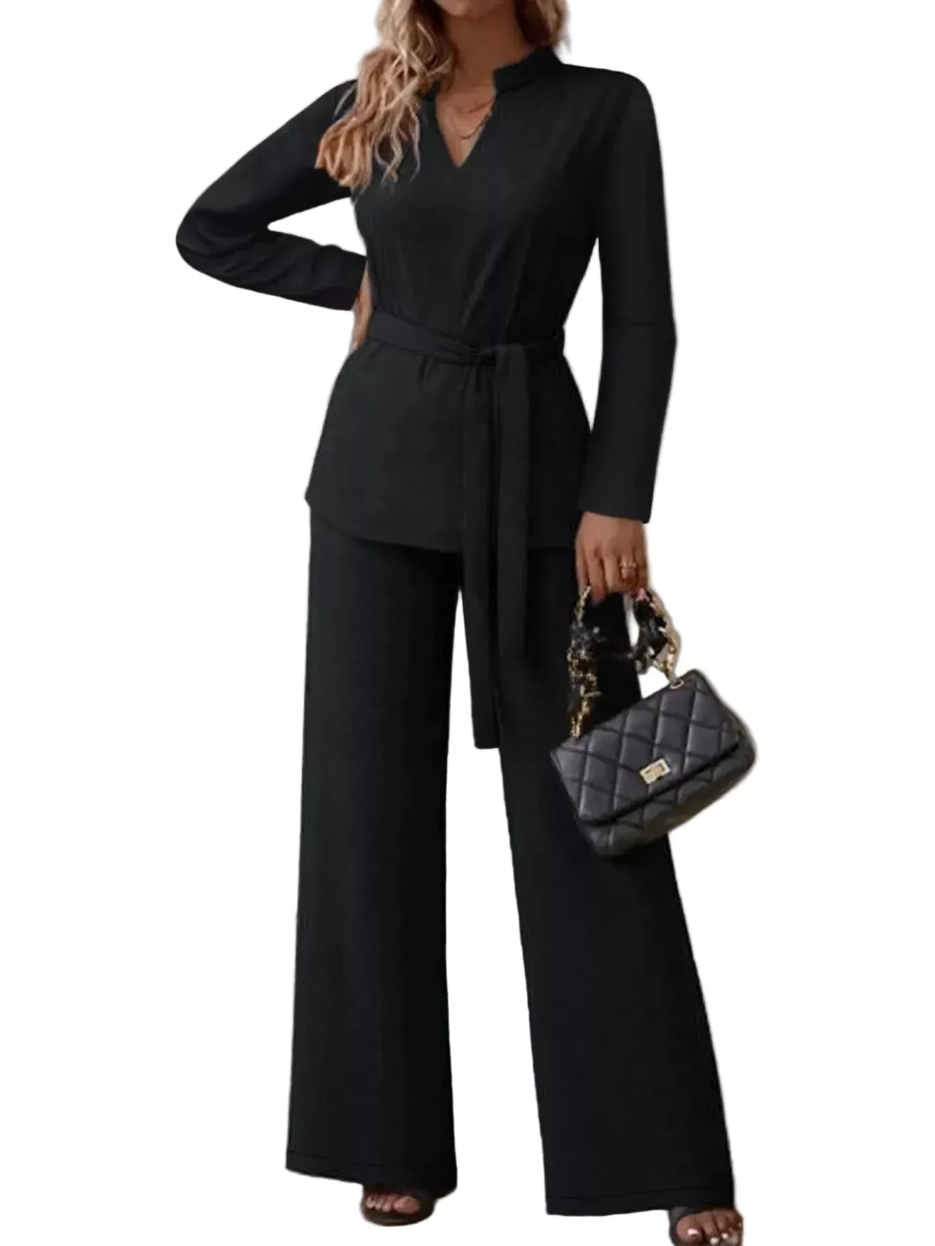 Tie-Waist Long Sleeve Top and Pants Set Women's Sets Black / S The Nichole Collection