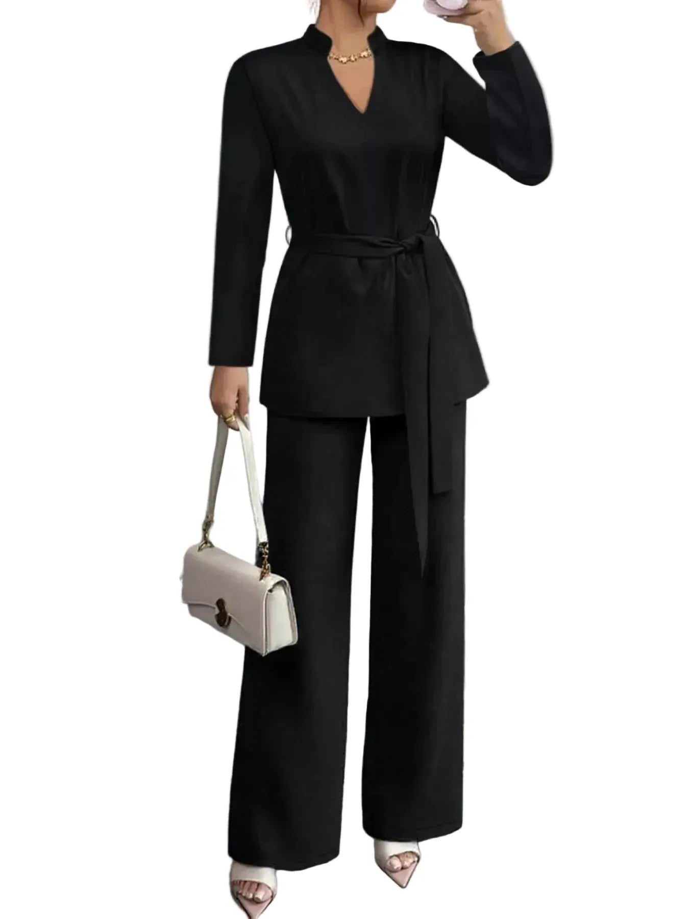 Tie-Waist Long Sleeve Top and Pants Set Women's Sets The Nichole Collection