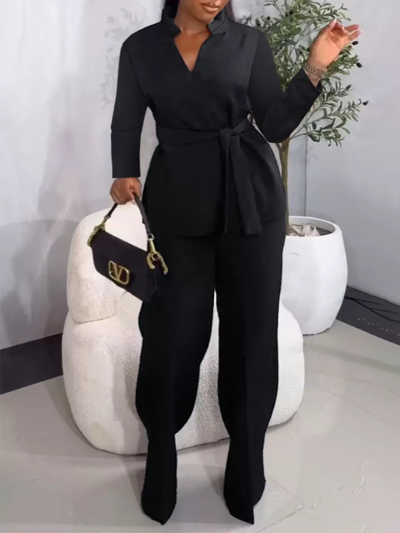 Tie-Waist Long Sleeve Top and Pants Set Women's Sets The Nichole Collection