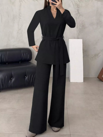 Tie-Waist Long Sleeve Top and Pants Set Women's Sets The Nichole Collection
