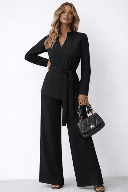 Tie-Waist Long Sleeve Top and Pants Set Black / S Women's Sets The Nichole Collection - Official Site