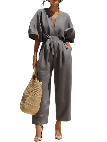 Tie-Waist Wide-Leg Jumpsuit Dark Gray / S The Nichole Collection