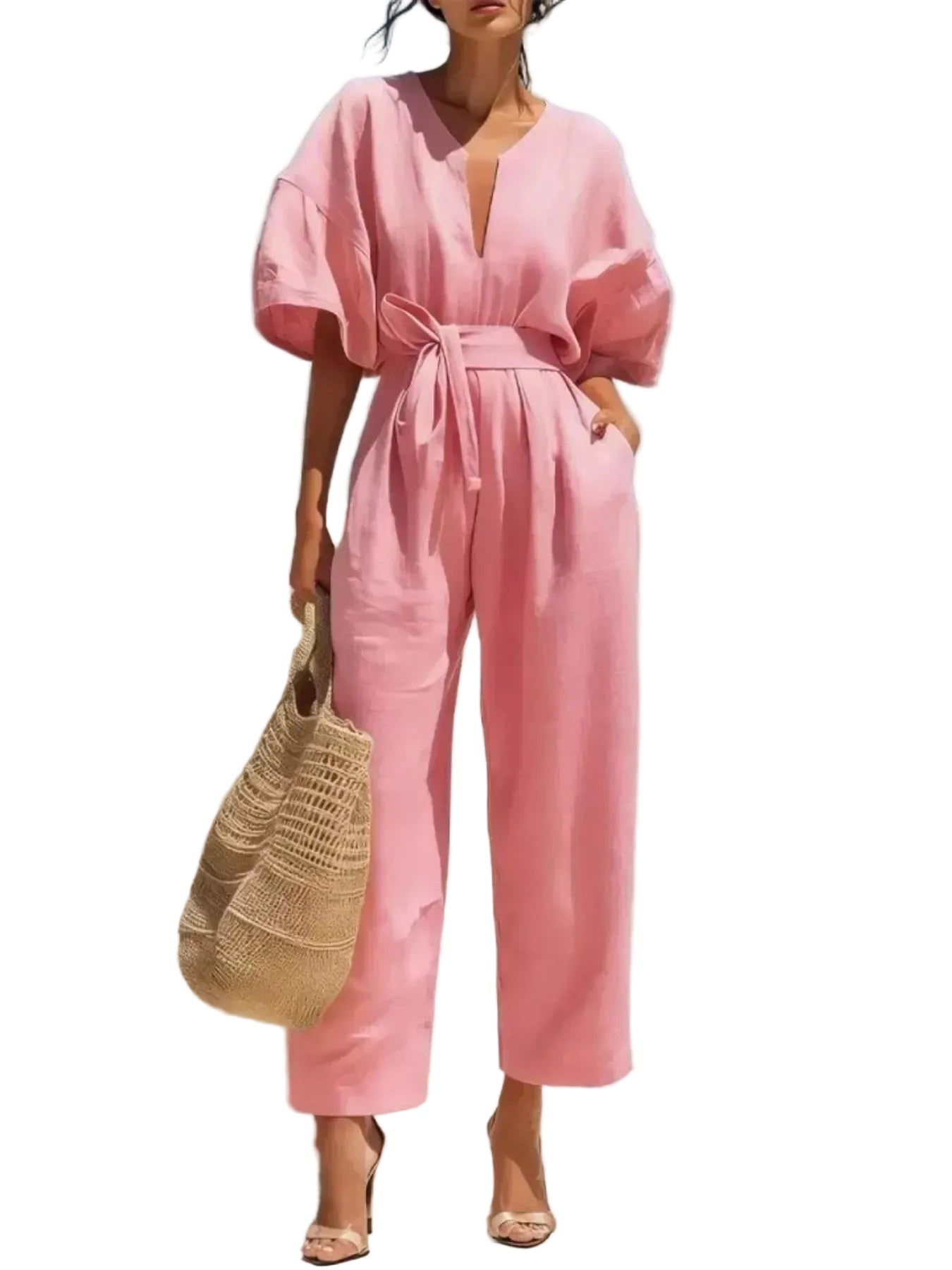 Tie-Waist Wide-Leg Jumpsuit Blush Pink / S The Nichole Collection
