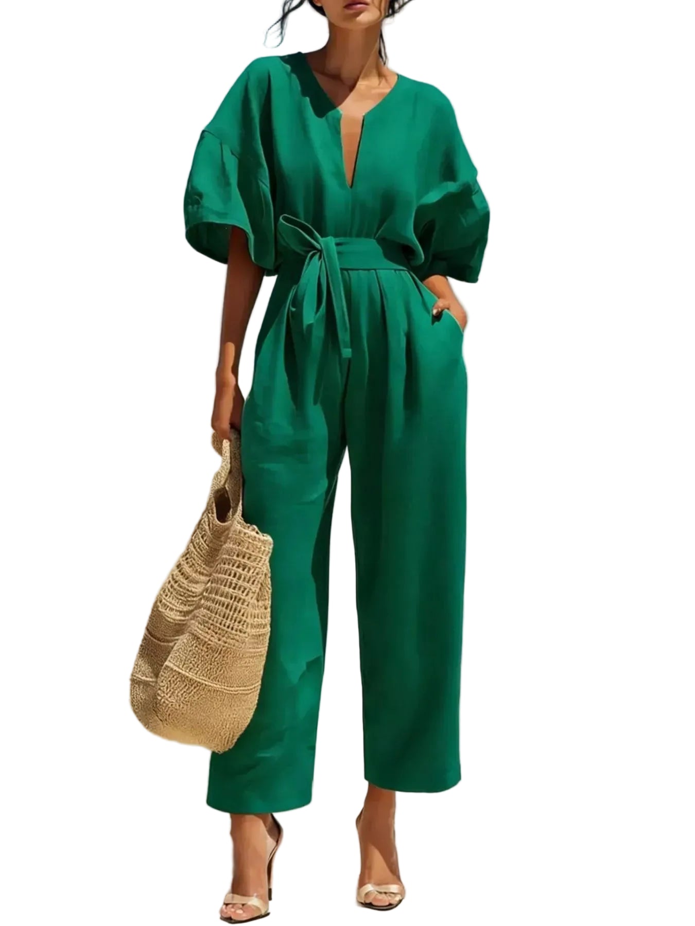 Tie-Waist Wide-Leg Jumpsuit Dark Green / S The Nichole Collection