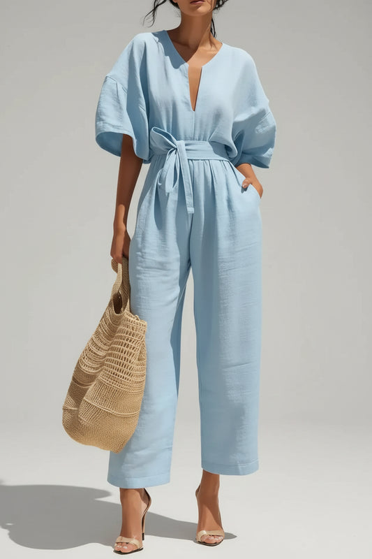 Tie-Waist Wide-Leg Jumpsuit Light Blue / S The Nichole Collection