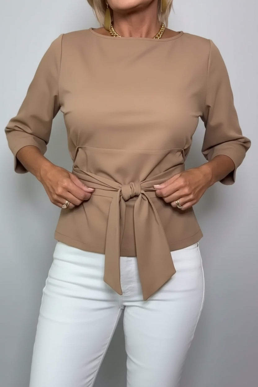 Tied Belted 3/4 Sleeve Top Camel / S The Nichole Collection - Official Site