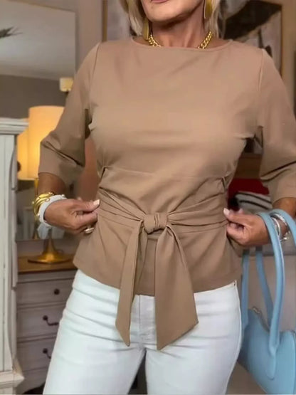 Tied Belted 3/4 Sleeve Top Camel / S The Nichole Collection - Official Site
