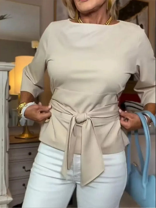 Tied Belted 3/4 Sleeve Top Off-white / S The Nichole Collection - Official Site