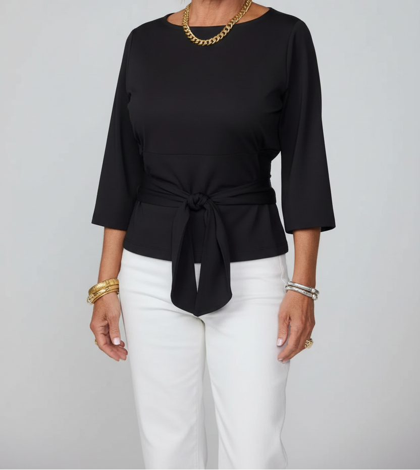 Tied Belted 3/4 Sleeve Top Black / S The Nichole Collection - Official Site