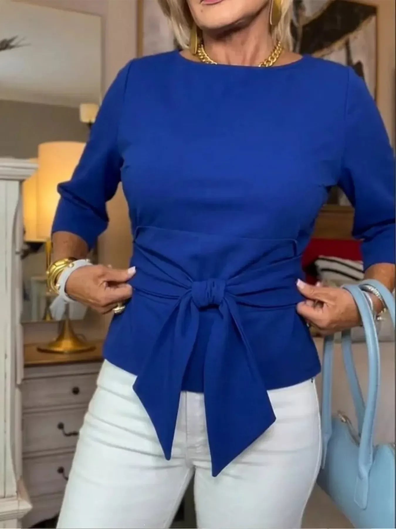 Tied Belted 3/4 Sleeve Top Blue / S The Nichole Collection - Official Site