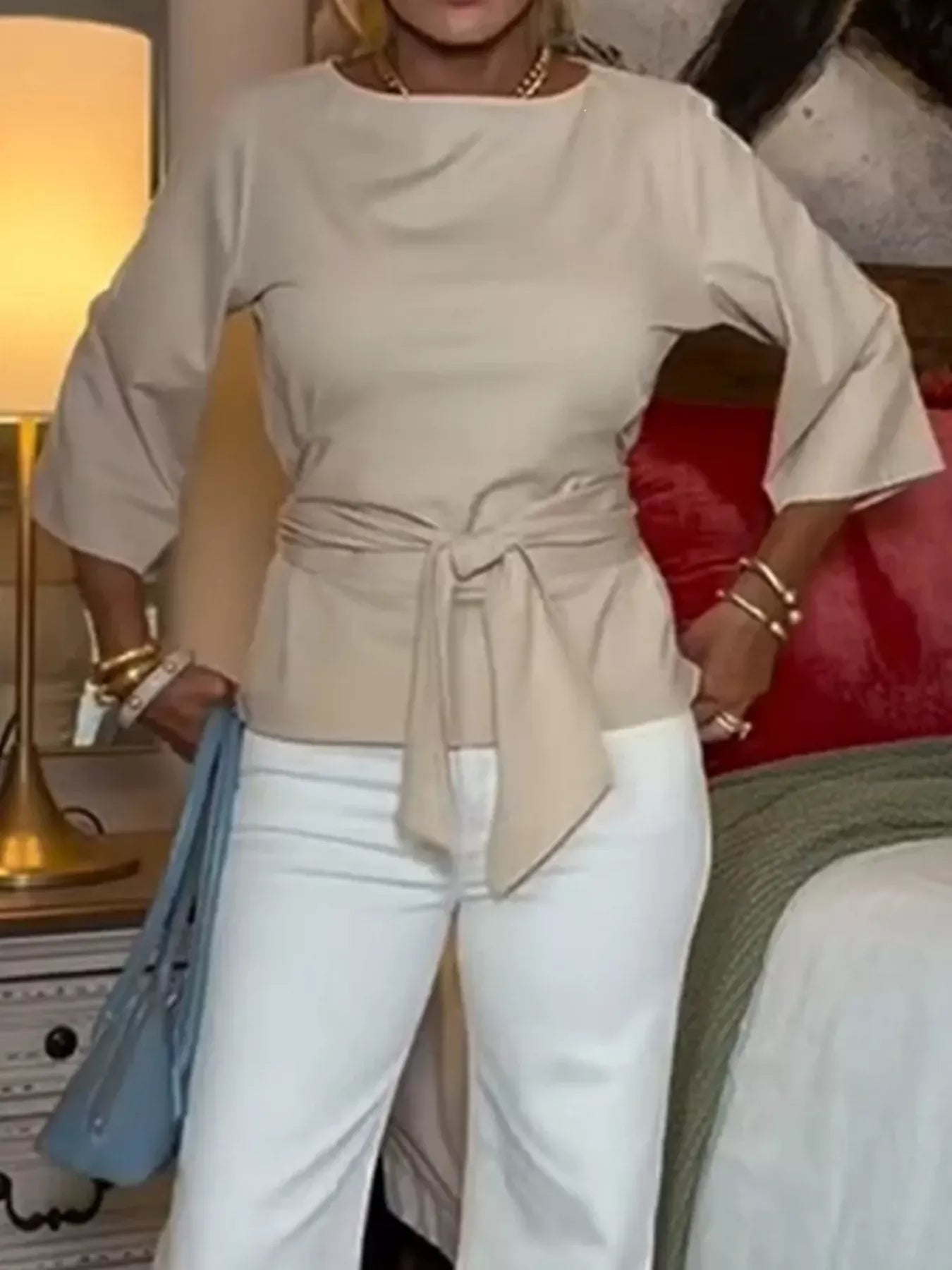 Tied Belted 3/4 Sleeve Top The Nichole Collection - Official Site