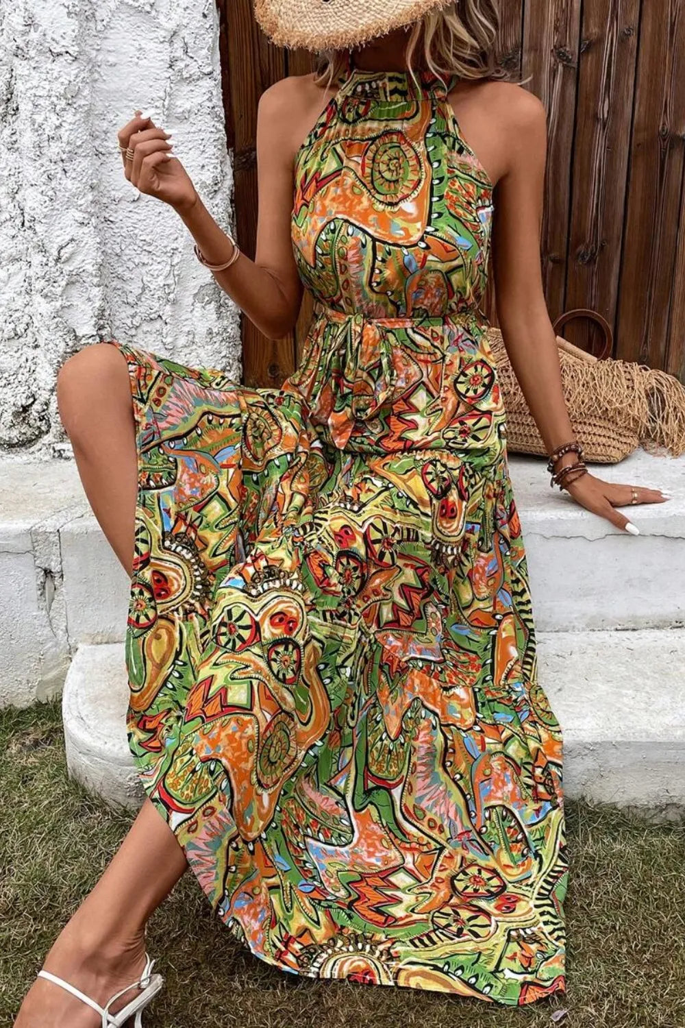 Tied Floral Sleeveless Dress Green / S Maxi Dresses The Nichole Collection - Official Site