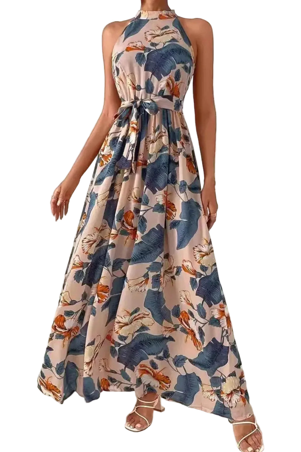 Tied Floral Sleeveless Dress Dusty Blue / S Maxi Dresses The Nichole Collection - Official Site
