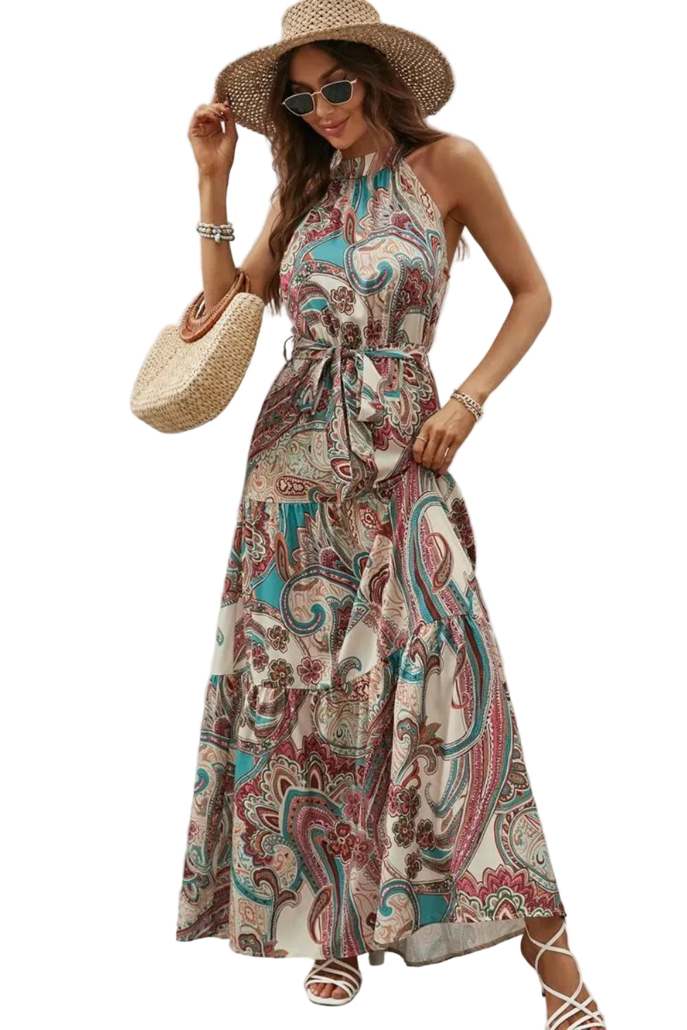 Tied Floral Sleeveless Dress Tan / S Maxi Dresses The Nichole Collection - Official Site