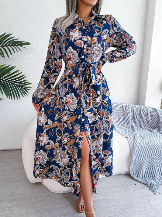 Tied Printed Long Sleeve Midi Dress Dress Royal Blue / S The Nichole Collection