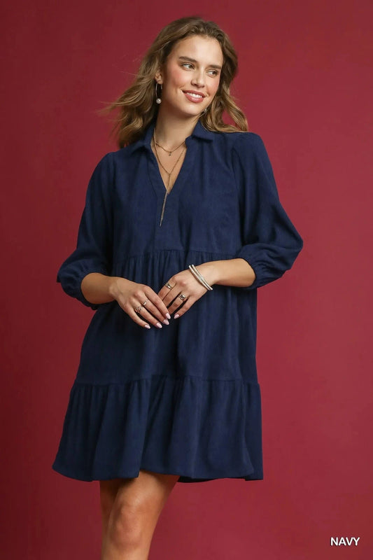Tiered Corduroy Mini Dress with Balloon Sleeves Navy / S The Nichole Collection