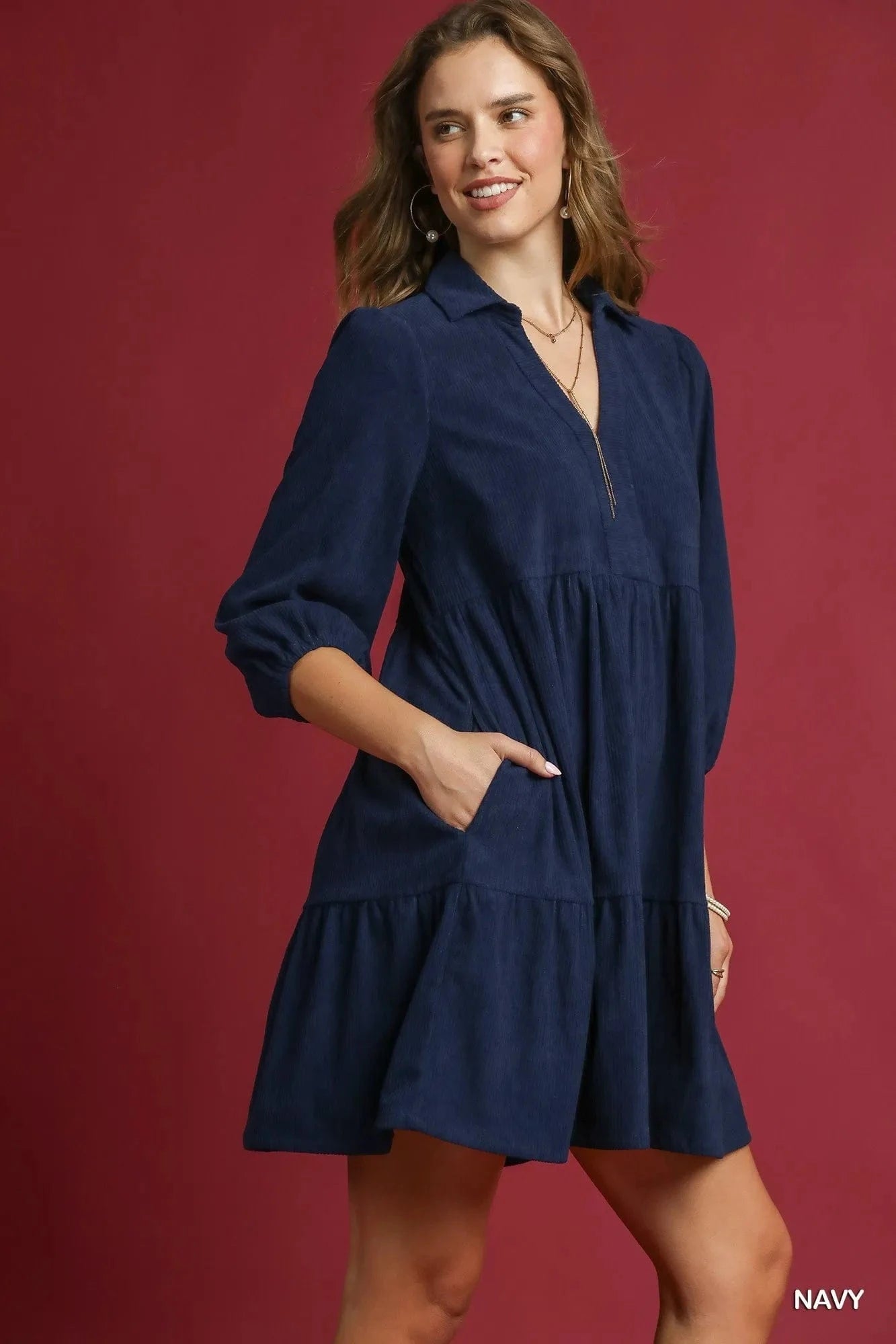 Tiered Corduroy Mini Dress with Balloon Sleeves The Nichole Collection