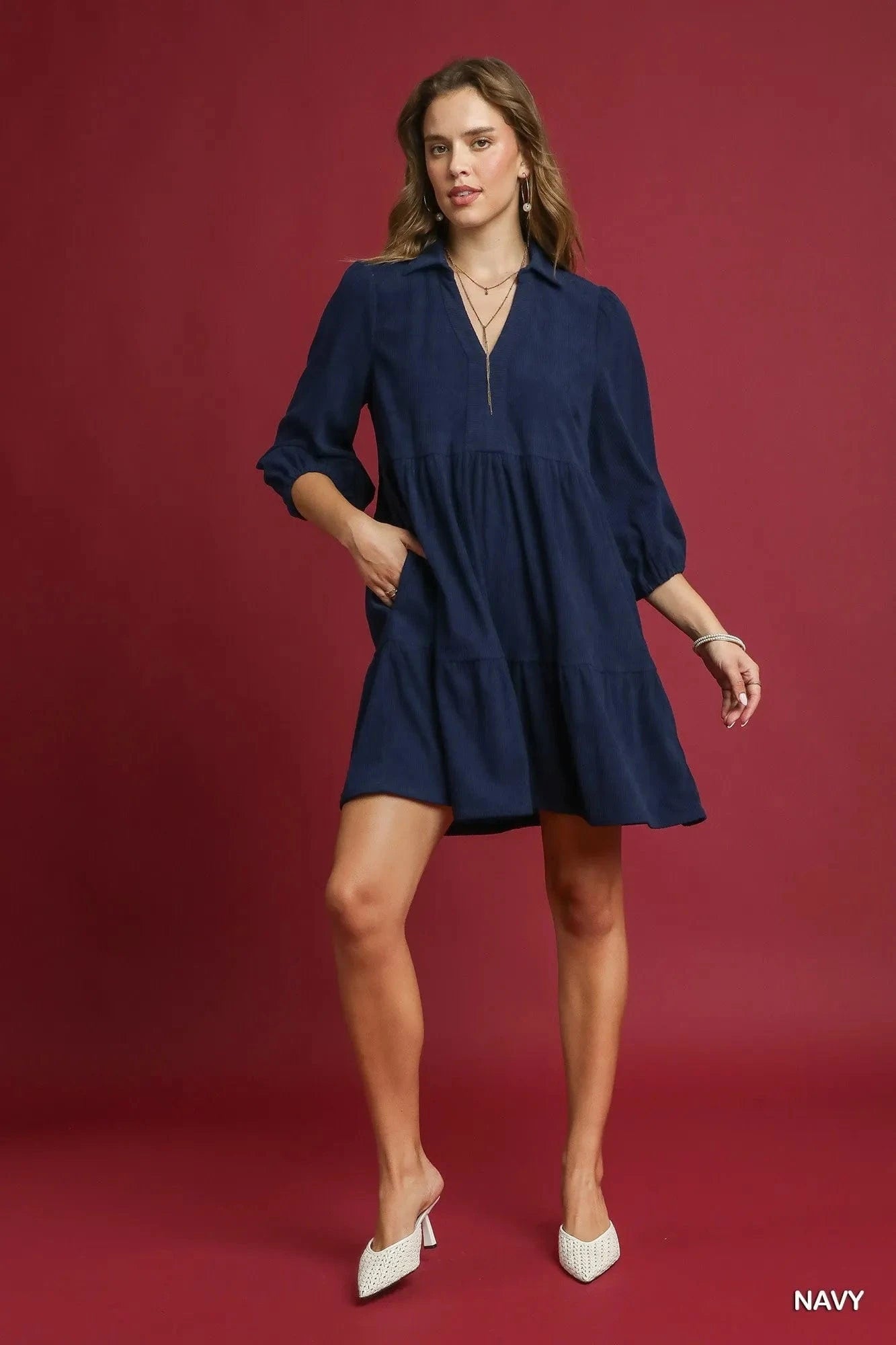 Tiered Corduroy Mini Dress with Balloon Sleeves The Nichole Collection