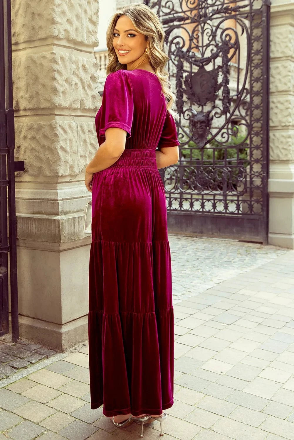 Tiered Notched Short Sleeve Dress with Pockets Dresses The Nichole Collection