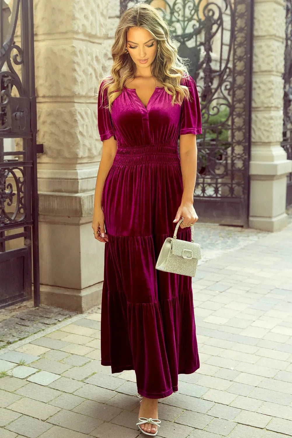Tiered Notched Short Sleeve Dress with Pockets Dresses The Nichole Collection