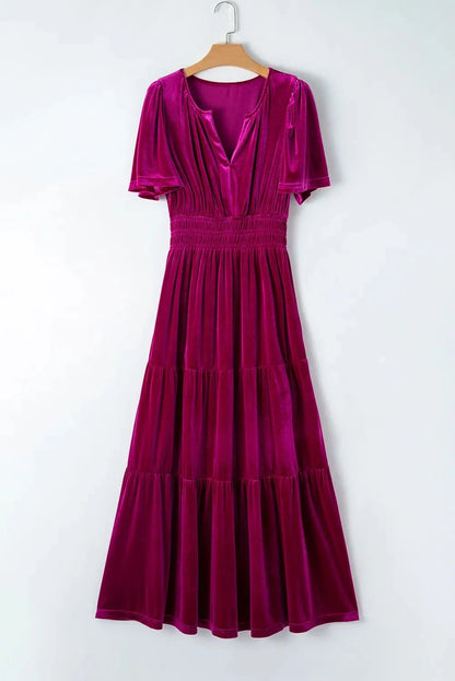 Tiered Notched Short Sleeve Dress with Pockets Dresses The Nichole Collection
