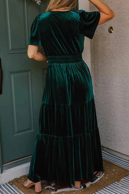 Tiered Notched Short Sleeve Dress with Pockets Dresses The Nichole Collection