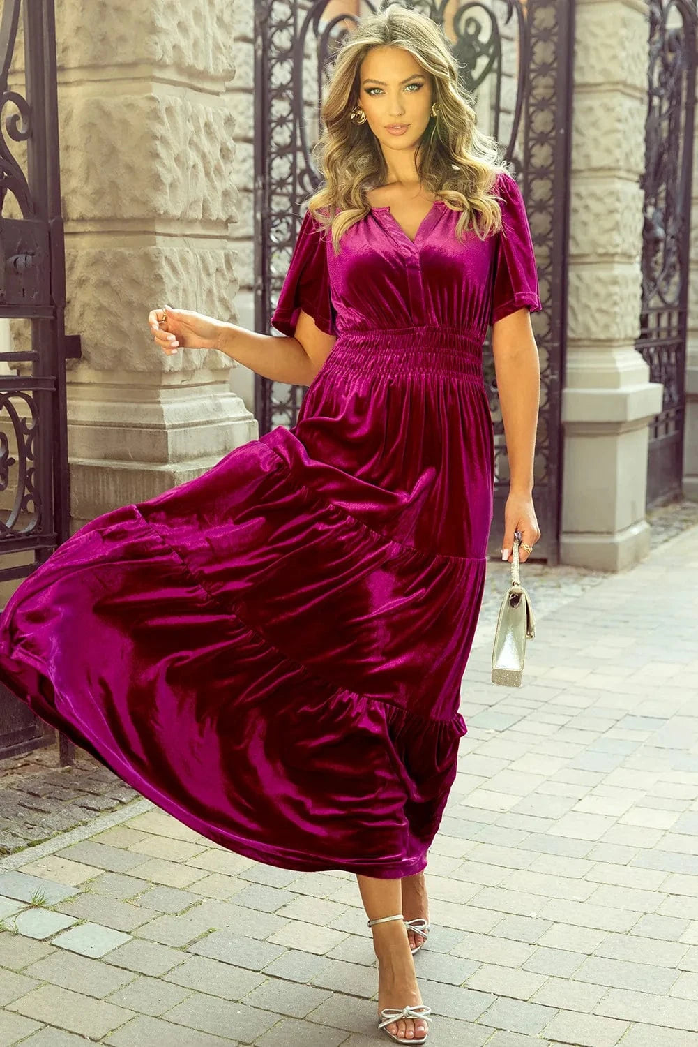 Tiered Notched Short Sleeve Dress with Pockets Dresses The Nichole Collection