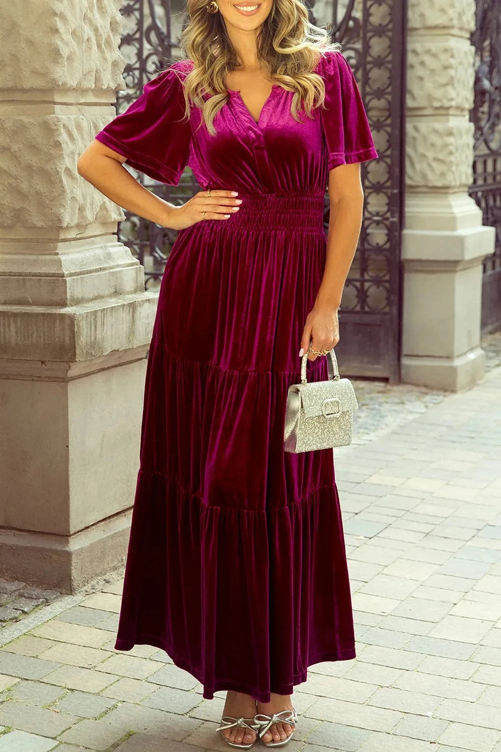 Tiered Notched Short Sleeve Dress with Pockets Dresses Cerise / S The Nichole Collection
