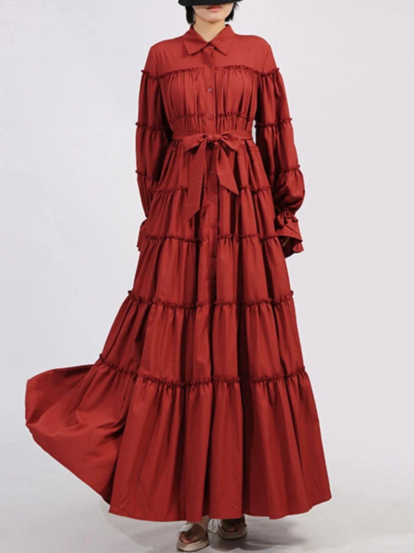 Tiered Tie Waist Maxi Dress Dresses Burgundy / S The Nichole Collection