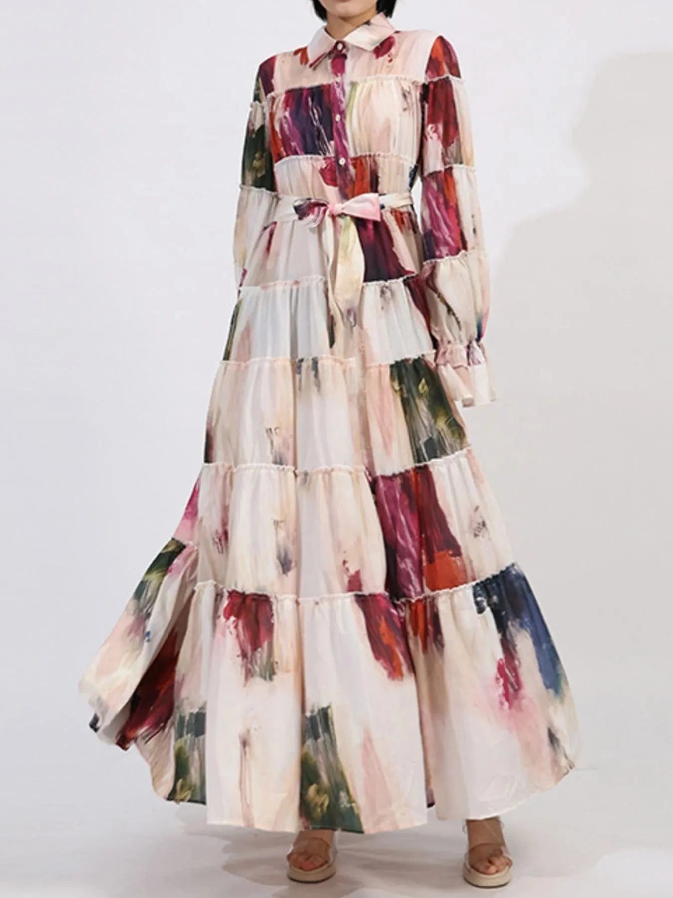 Tiered Tie Waist Maxi Dress Dresses Apricot / S The Nichole Collection