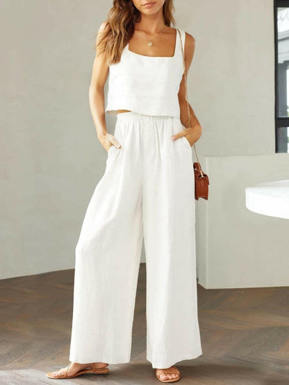 Trendy Square Neck Top and Wide Leg Pants Set 2 piece set White / S The Nichole Collection