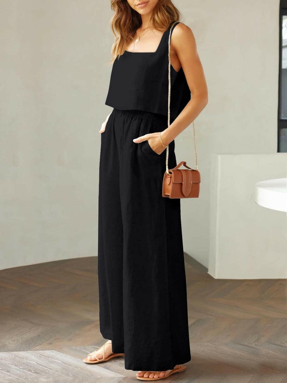 Trendy Square Neck Top and Wide Leg Pants Set 2 piece set The Nichole Collection