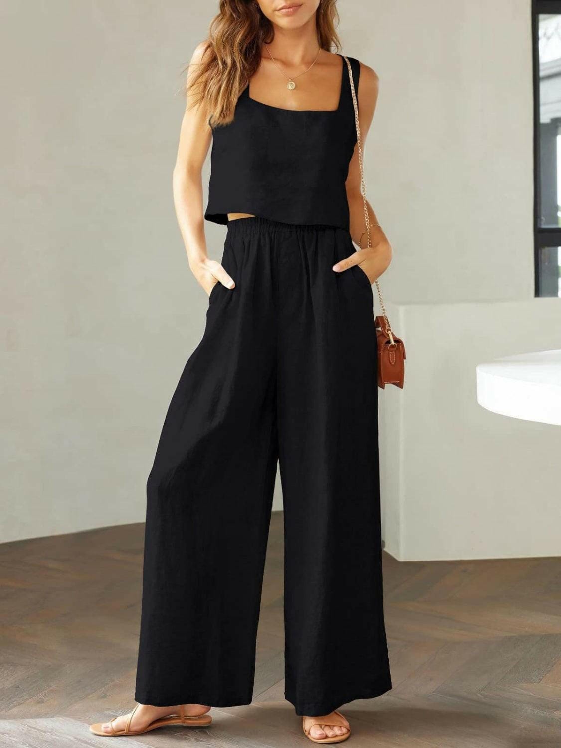 Trendy Square Neck Top and Wide Leg Pants Set 2 piece set Black / S The Nichole Collection