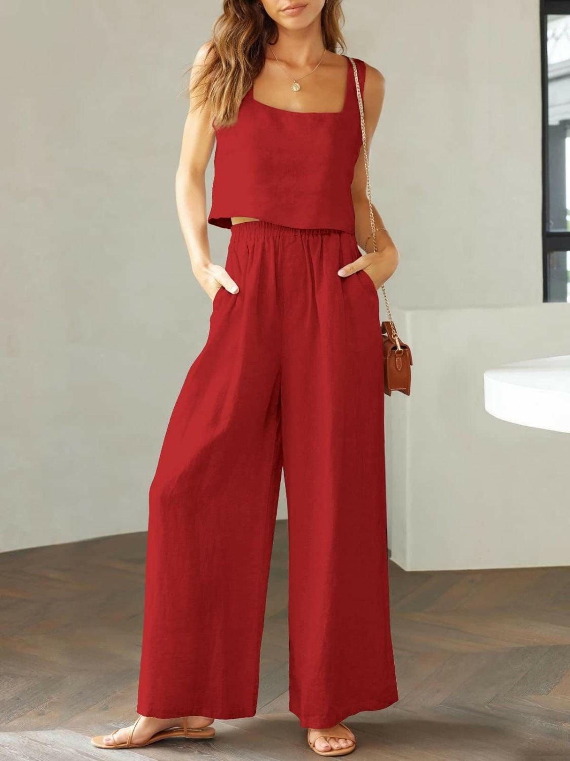 Trendy Square Neck Top and Wide Leg Pants Set 2 piece set Deep Red / S The Nichole Collection