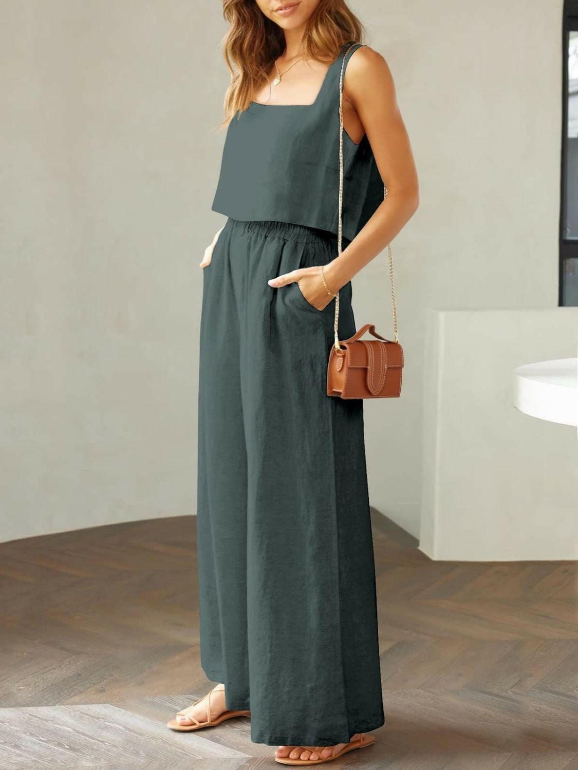 Trendy Square Neck Top and Wide Leg Pants Set 2 piece set The Nichole Collection