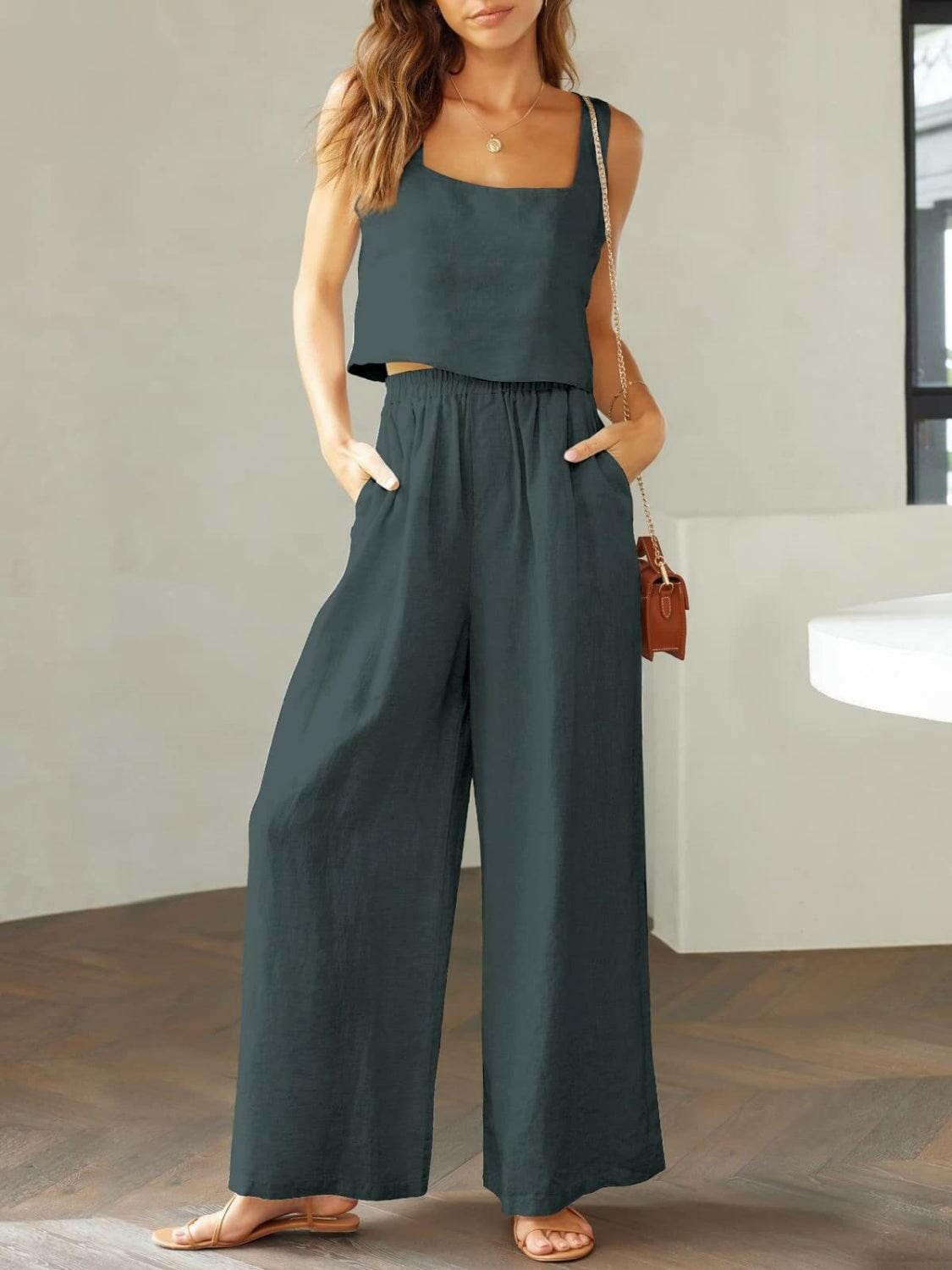 Trendy Square Neck Top and Wide Leg Pants Set 2 piece set Dark Gray / S The Nichole Collection