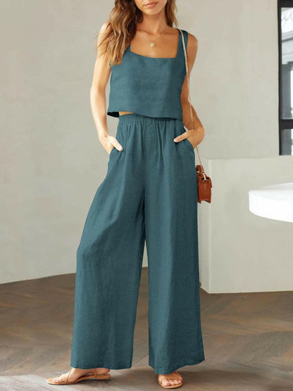 Trendy Square Neck Top and Wide Leg Pants Set 2 piece set Teal / S The Nichole Collection