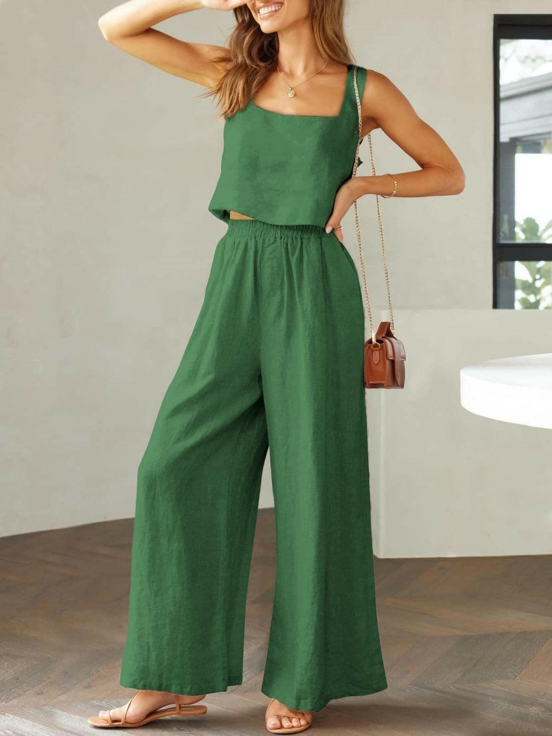 Trendy Square Neck Top and Wide Leg Pants Set 2 piece set The Nichole Collection